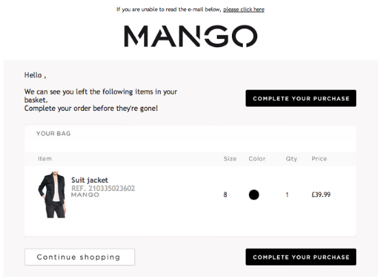 Mango email for customers who add items to their basket