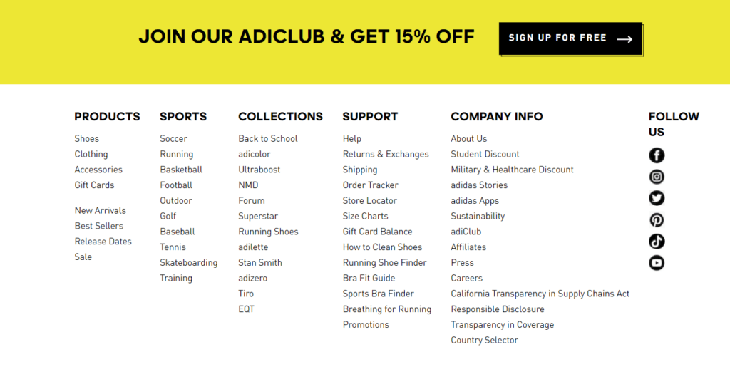 Affiliate page in footer of Adidas website