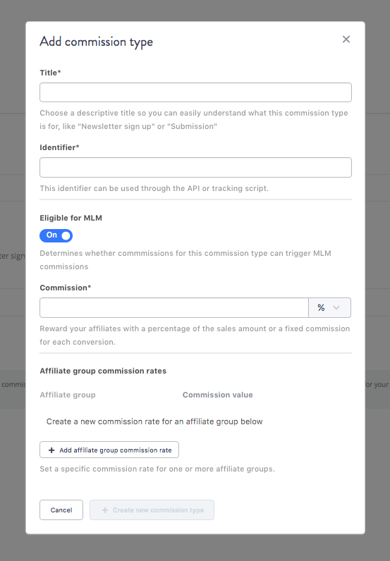Showing where you can add commission types in Tapfiliate