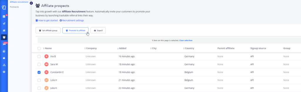 Tapfiliate interface