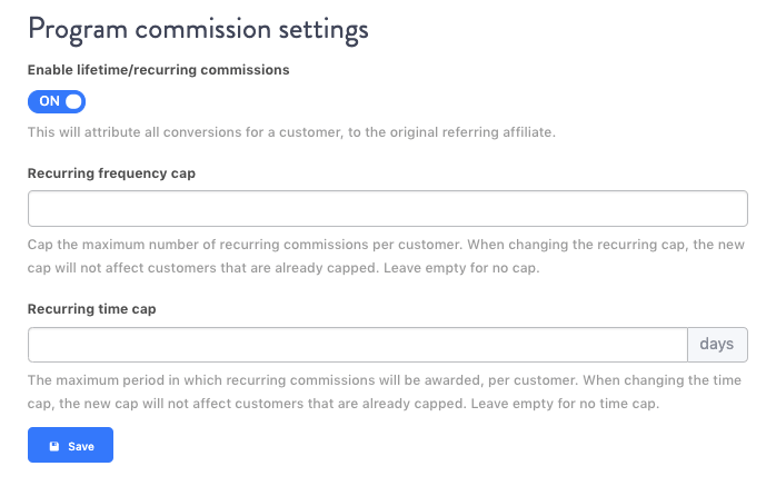 Screenshot of lifetime commission settings in Tapfiliate