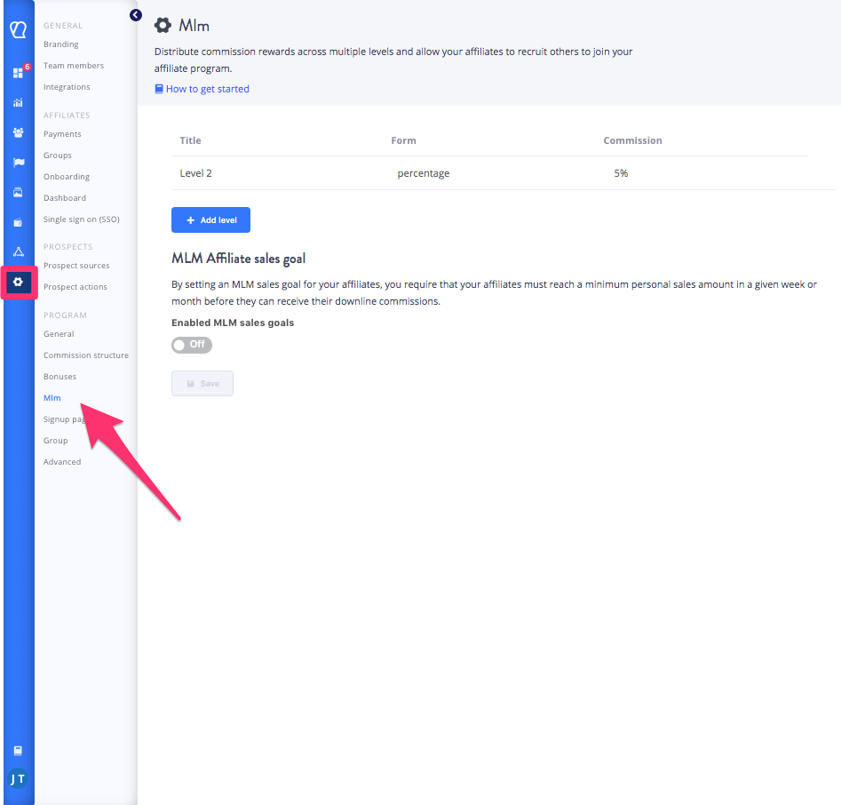 MLM section of Tapfiliate