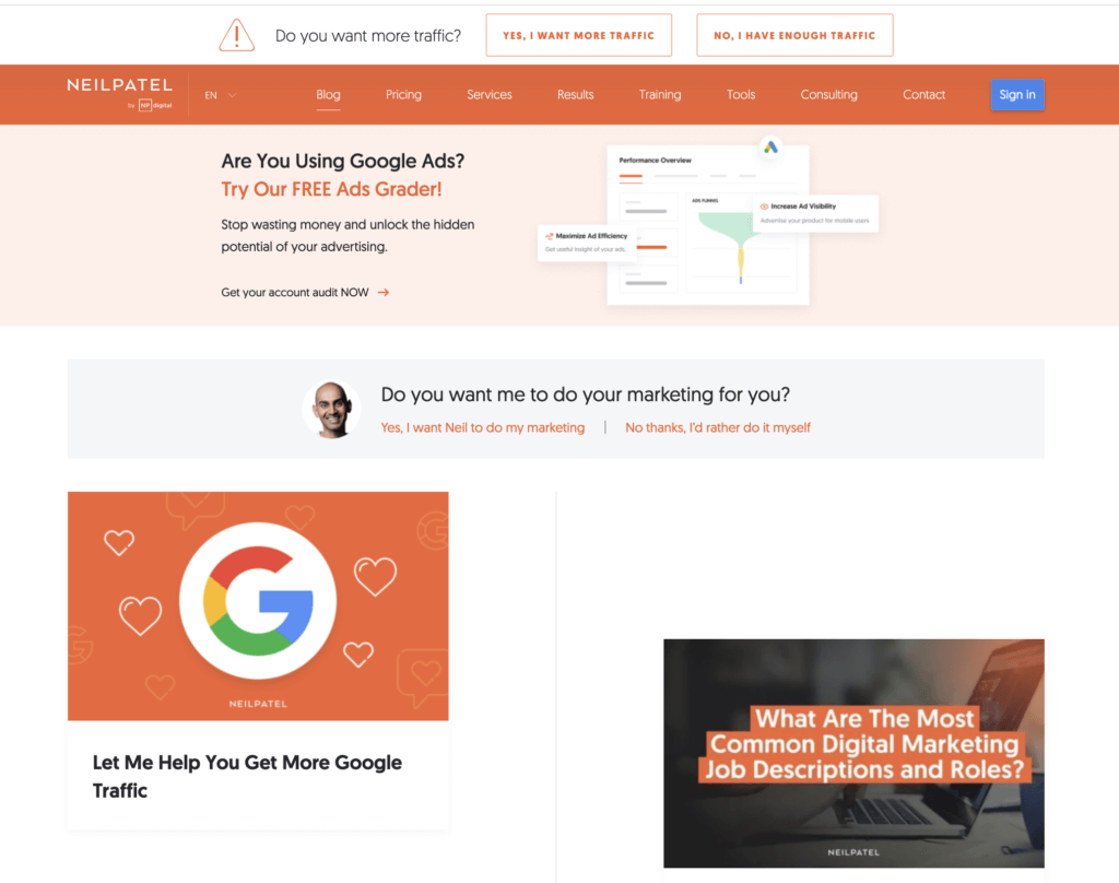 Neil Patel's blog homepage