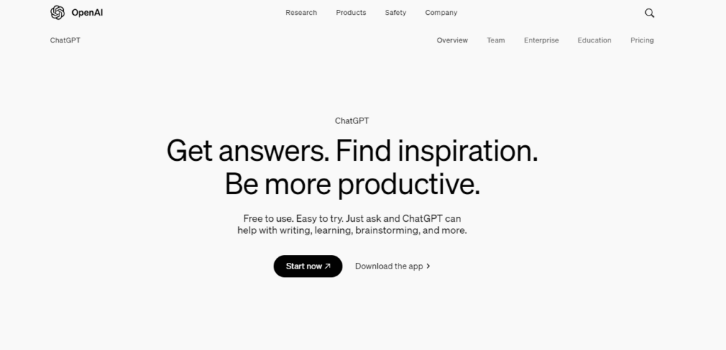 ChatGPT by OpenAI main website page screenshot