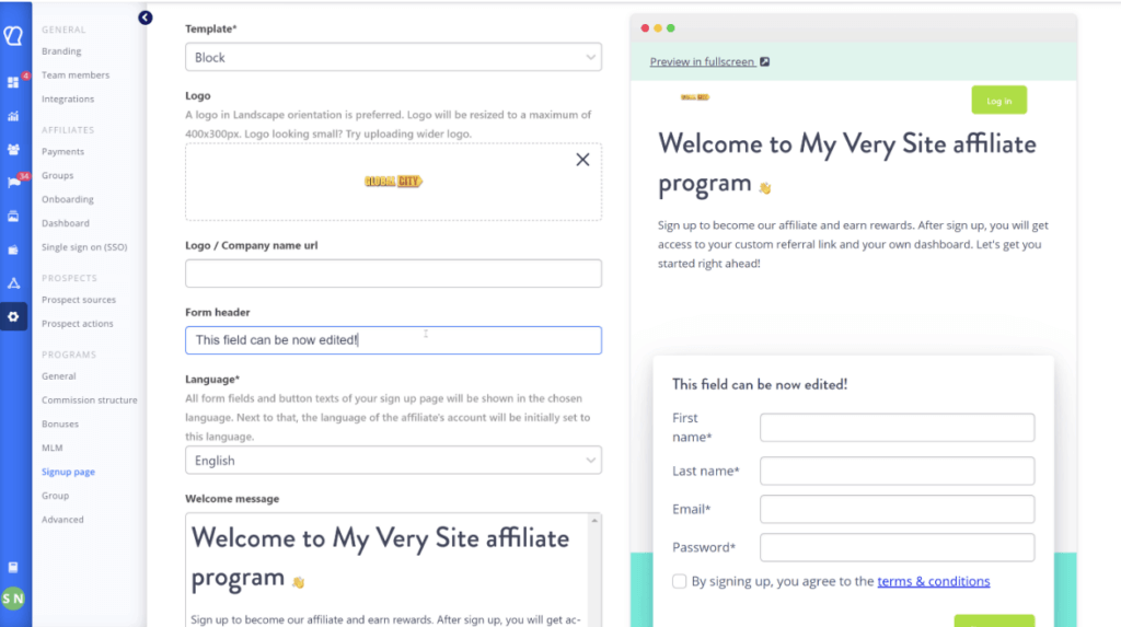 Example of signup page customization