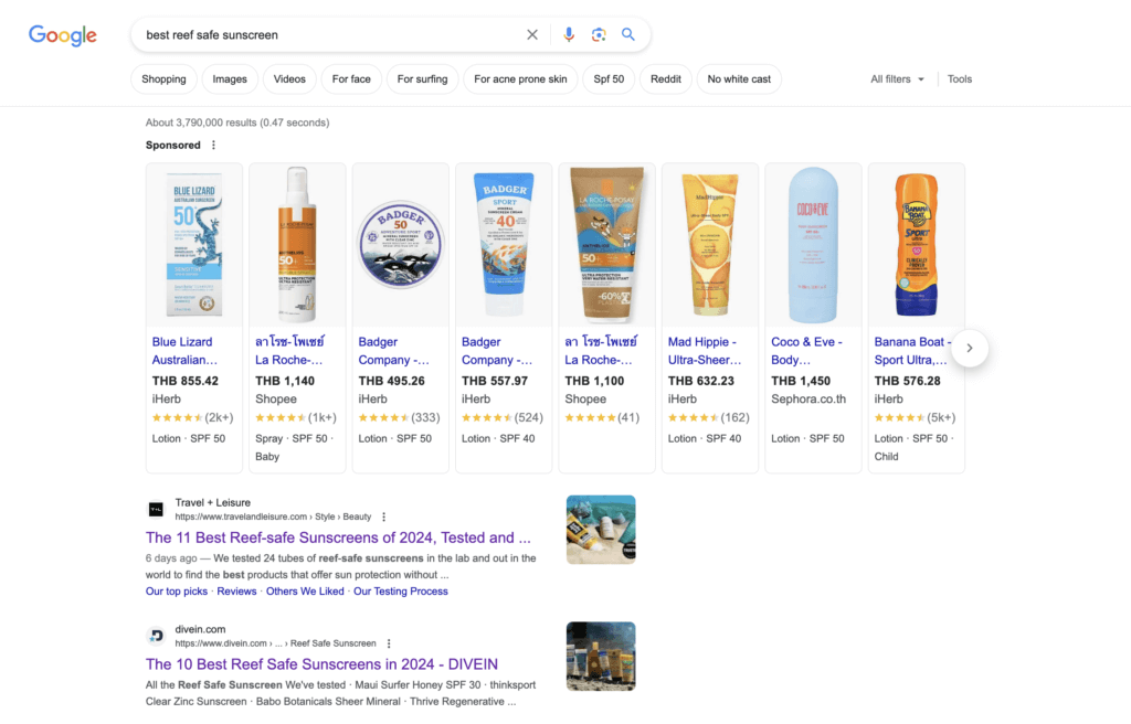 Google search results for best reef safe sunscreen

