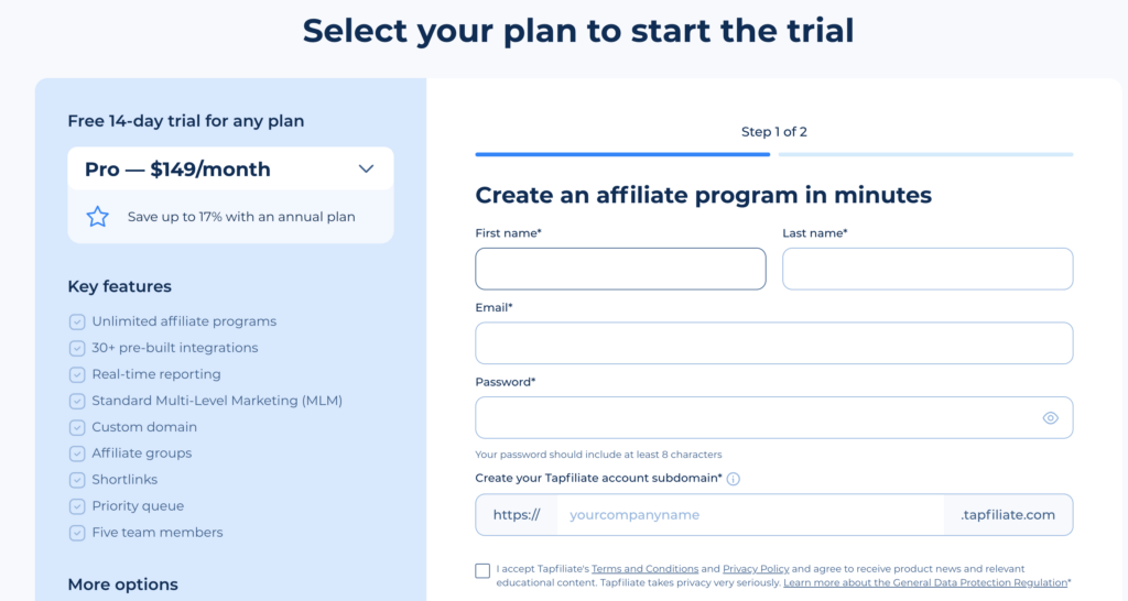 Signup page of Tapfiliate