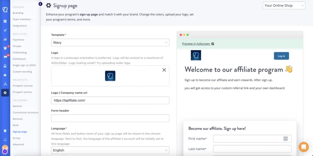 tapfiliate affiliate program signup