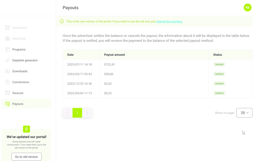 Tapfiliate Payouts redesign.