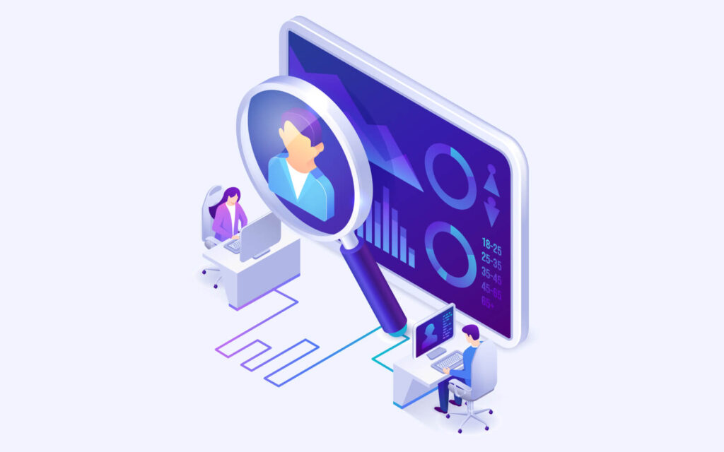 Illustration of a screen with magnifying glass and person on it