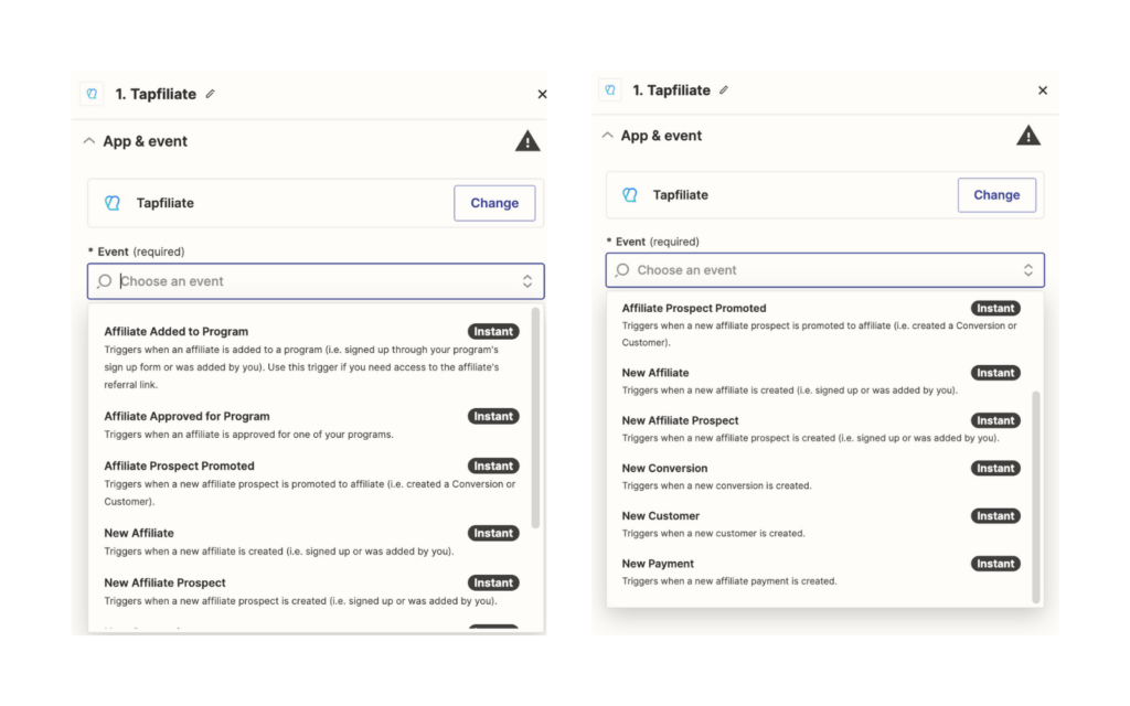 zaps available using Tapfiliate